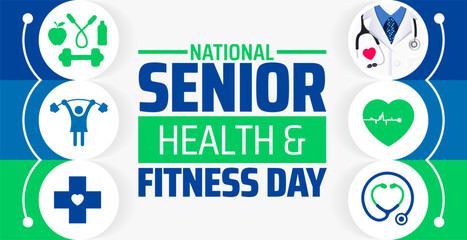 National Senior Health and Fitness Day background banner or poster design template. observed every year in May. Holiday concept. Use to any Template, card, poster, placard, template.