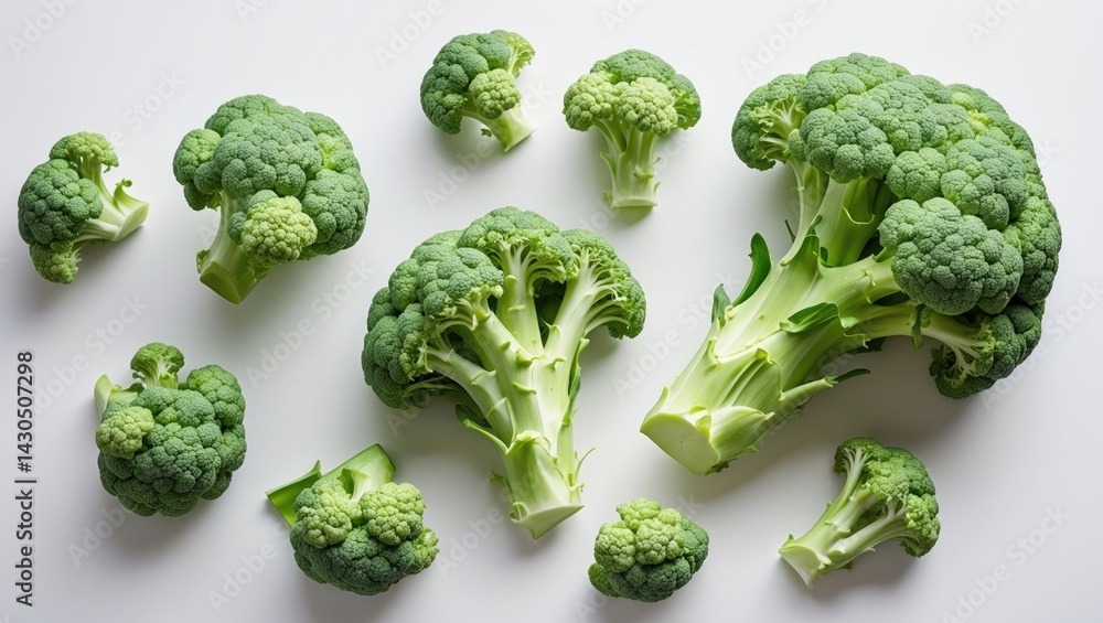Poster broccoli, cauliflower, and cabbage on a white background viewed from above in flat lay style