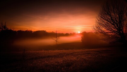 Fototapeta premium A glowing orange sunset casts warm light over a foggy autumn meadow, silhouetting leafless trees and creating a peaceful scene.