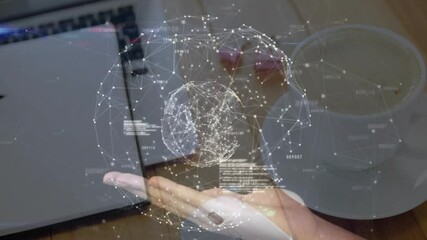 3D network hologram floating above smartphone on desk, showing laptop coffee cup and pink glasses - Powered by Adobe