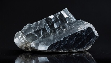 Calcite crystal on basalt surface with textured geological background in macro close-up photography.