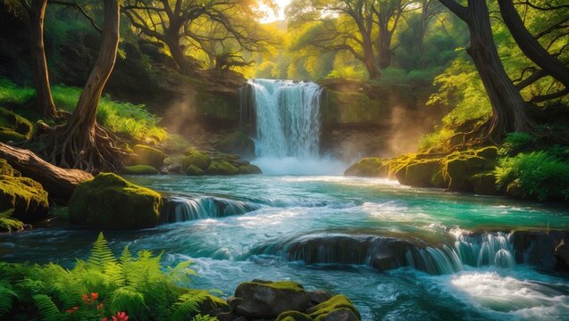 Flowing river and stream with waterfall amidst lush forest landscape