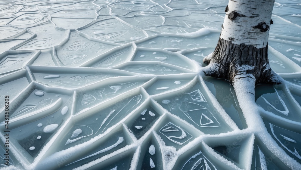 Aufkleber ice-themed abstract background showing birch trunk with white bark amidst frozen puddle with triangu