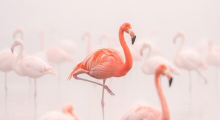 Flamingo taking a step through a pastel flock with soft lighting and shallow depth of field