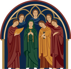 Naklejka premium Group of medieval monks in colorful robes standing in arched frame vector illustration 