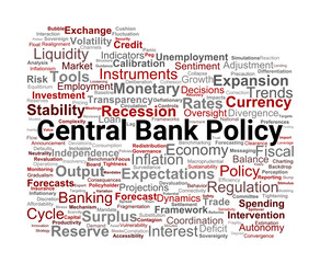 Central Bank Policy Word Cloud. A visual representation of key terms and concepts essential for understanding and analyzing central banking policies, financial stability, and economic growth.