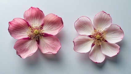 Obraz premium Apple blossom, pressed and dried, captured from front and back, isolated on background.