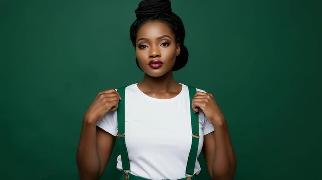 Confident young nigerian woman in a white shirt with green suspenders posing against a solid green background - nigerian woman