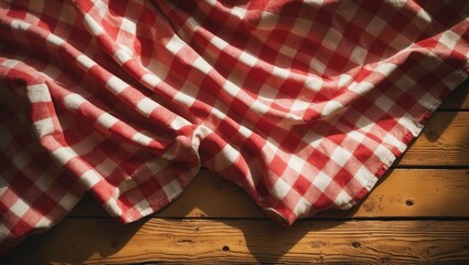 Obraz premium Checkered red tablecloth on wooden surface with empty space