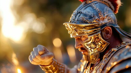 Roman soldier golden helmet and sunlight - Powered by Adobe