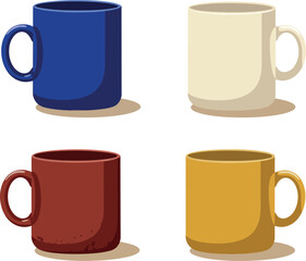 Colorful coffee mugs set with blue cream red and yellow cups vector illustration 