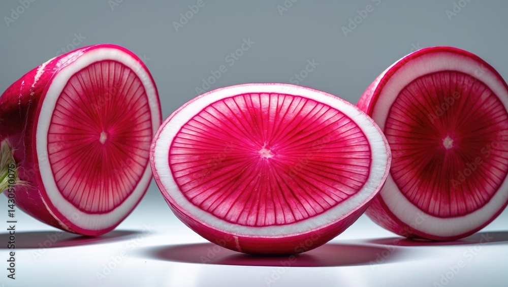 Poster juicy radish slice on plain background, isolated with clipping path and sharp focus