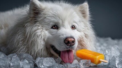 Fototapeta premium Samoyed dog surrounded by ice cubes with popsicle in paw fluffy fur warm light humorous cool down concept