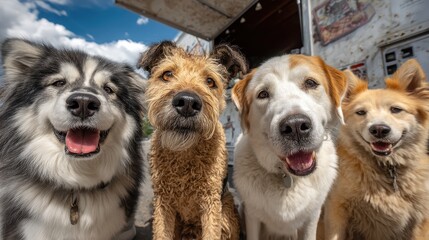 Group of dogs gathered around ice cream food truck tail wagging bright smiles pet friendly outdoor market community vibe