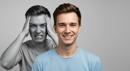Obraz premium Overcoming Stress and Anxiety: A Split Image Showing a Man's Transformation from Distress to Happiness