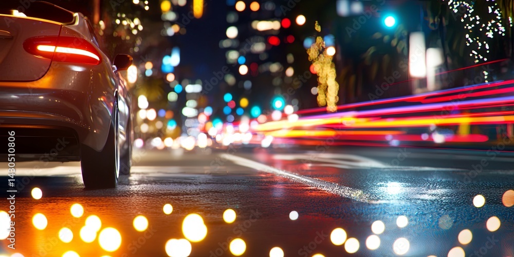 Poster abstract light trails on dark road showing motion blur in a cityscape at night capturing energy and 