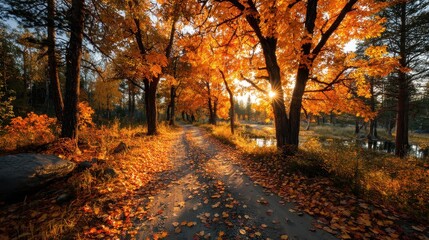 Obraz premium Forest path covered in colorful fallen leaves glowing with golden hour light peaceful seasonal landscape tranquil outdoor scene