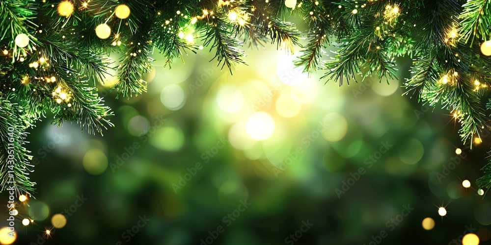 Poster close-up view of evergreen tree branches with soft bokeh lighting effects creating a magical atmosph
