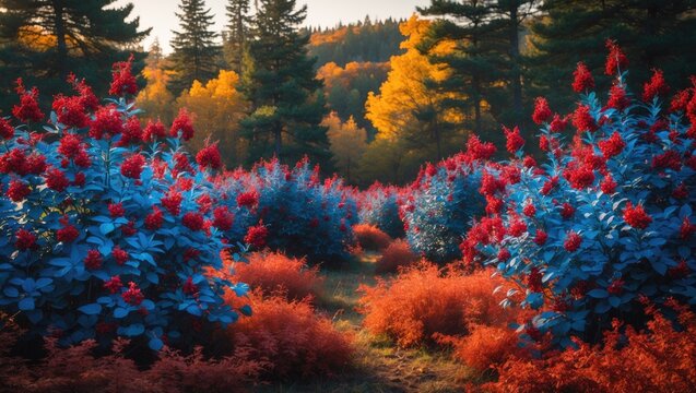 Autumn foliage among blueberry bushes and pines in a scenic landscape
