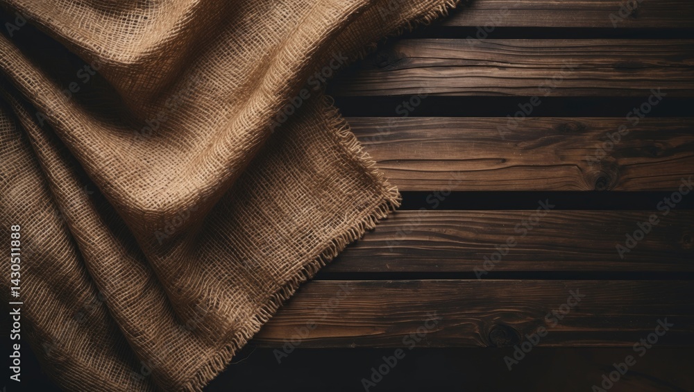 Aufkleber textured brown burlap fabric laid on wooden table, top view with space for design