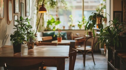 Cozy coworking space filled with green plants providing a relaxed atmosphere for freelancers and professionals during daylight hours