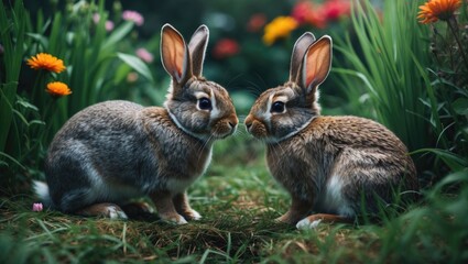 Fototapeta premium Close-up of two brown bunnies sitting on grass in a natural summer setting