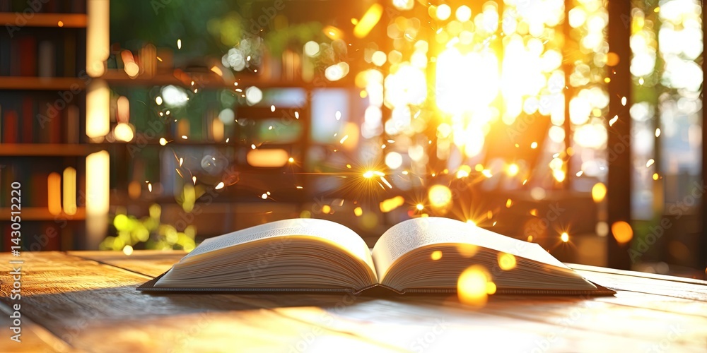 Poster open book on a table with a blurred library background, showcasing education and knowledge in the mo