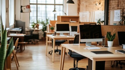 Cozy coworking space featuring freelancers and professionals with wooden furniture and green plants in a relaxed atmosphere during daytime