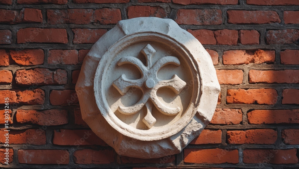 Poster carved stone surface on wall with intricate patterns