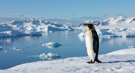 Obraz premium Majestic King Penguin Standing on Ice Floe in Antarctica with Mountainous Landscape Background