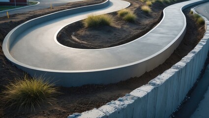 A sidewalk featuring a retaining wall and bicycle path ready for asphalting with a nearly finished new road.