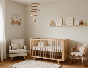 A serene, modern nursery with wooden furniture and soft, neutral tones for a cozy atmosphere.