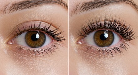 Obraz premium Hazel Eye Closeup Comparing Natural Lashes with Volumized Mascara Lashes Macro Detail