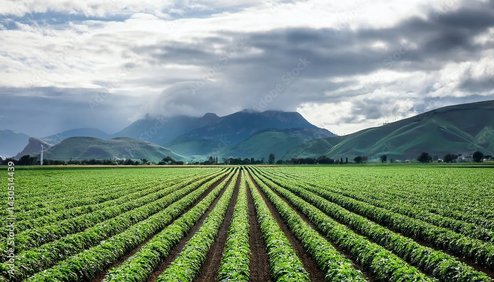 Poster a lush green field with neatly arranged rows, set against a backdrop of mountains and a cloudy sky, 
