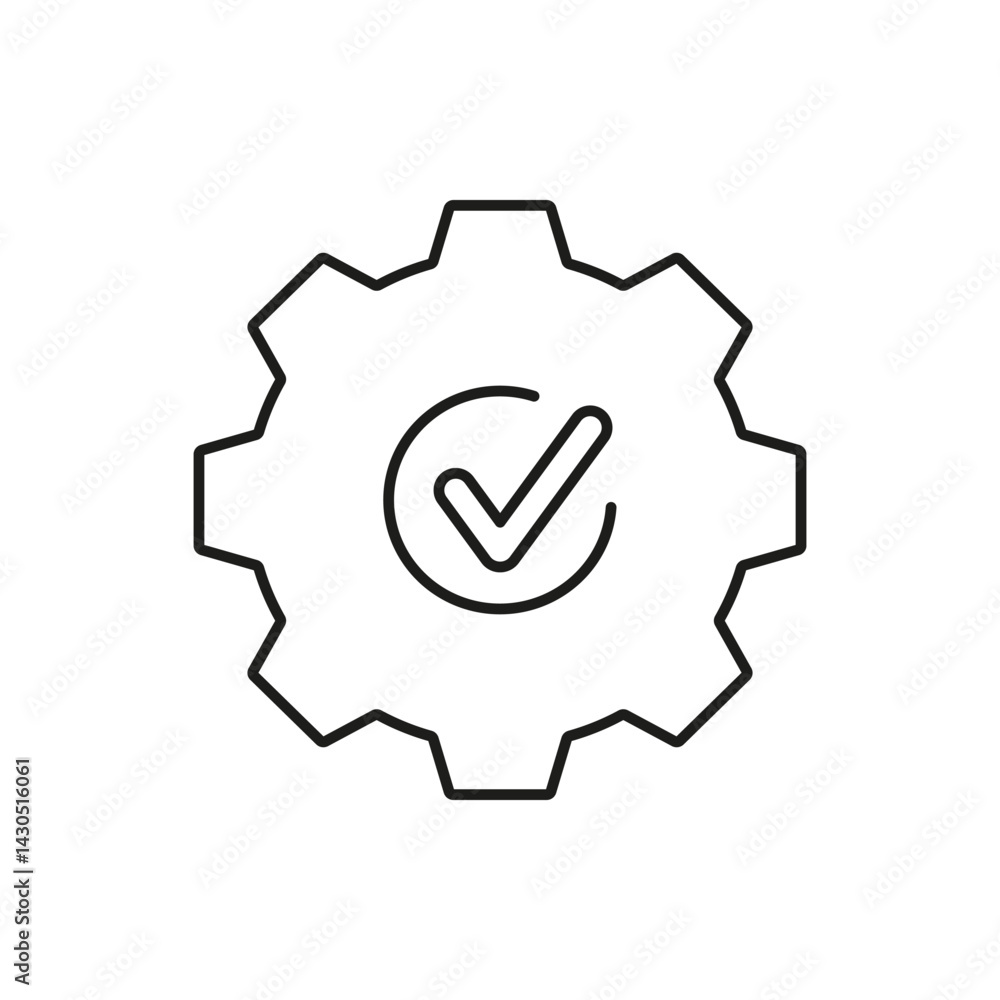 Poster gear with checkmark line icon. quality assurance, system optimization, and process validation outlin
