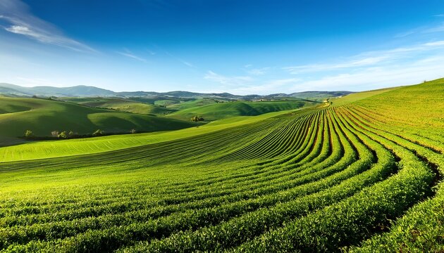 Lush green hills with rolling fields, exhibiting vibrant patterns under a clear blue sky, create a serene and picturesque landscape.