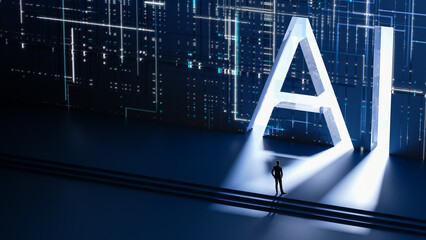 A Lone Figure Standing in Front of Large Illuminated AI Letters with a Digital Grid Background, Suitable for AI-related tech publicity scenarios