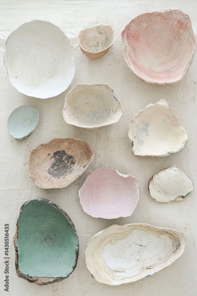 Aufkleber unique shell collection featuring various shapes and colors arranged on a neutral fabric background 