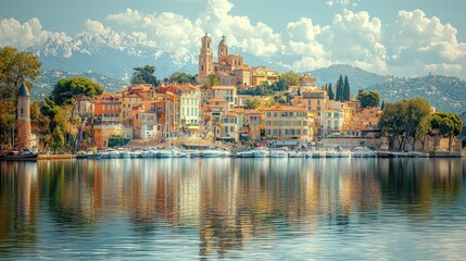 Picturesque Coastal Town in France, Stunning Reflection on Calm Waters