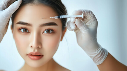 A beautiful Asian woman having anti-aging treatment on  forehead, Non-surgical, with a syringe in hand.
