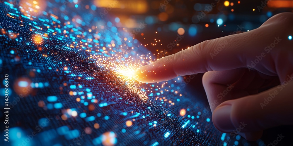 Poster human finger reaching towards a burst of light and energy representing connection and technology in 