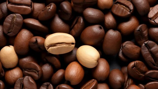 Roasted Coffee Bean Texture: A close-up shot showcasing an inviting scattering of roasted coffee beans, with a focus on texture and color variation, creating a visually rich and aromatic experience.