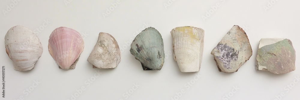 Poster colorful shell collection arranged in a straight line showcasing unique textures and patterns emphas