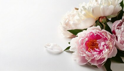 Obraz premium Elegant arrangement of blooming pink and white peonies with green leaves, placed on a light background, evoking freshness and beauty.