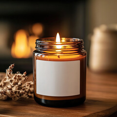 Amber glass candle in country house home interior, candle jar label mockup, cozy lifestyle candle branding template
