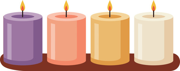 Four lit candles in purple peach yellow and cream colors on brown tray vector illustration 