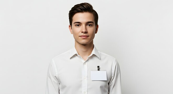 Portrait of young professional man with name tag in white shirt for business or corporate use