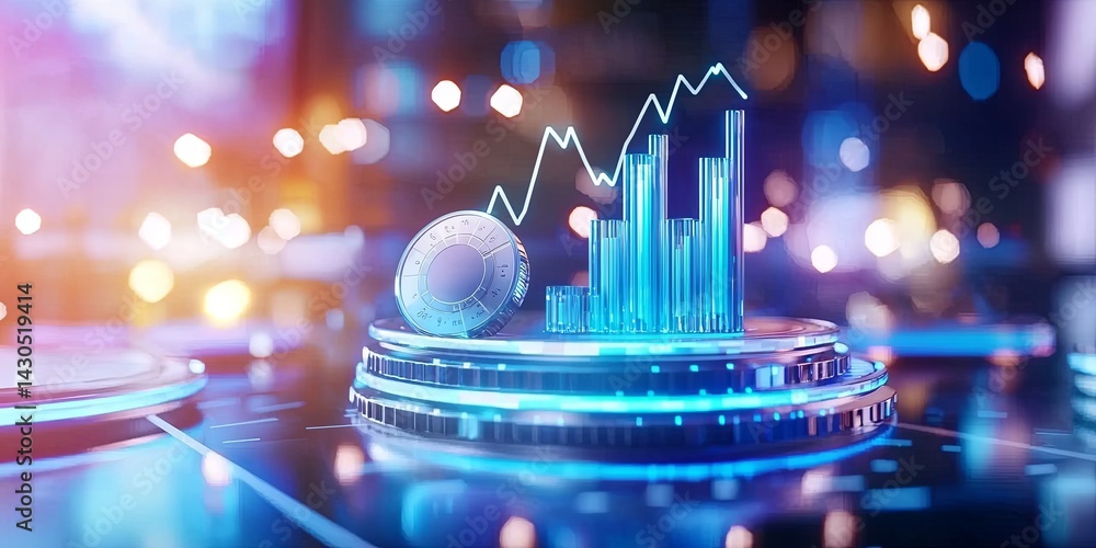 Aufkleber Stylish blue and white data visualization with bar graphs, pie charts, and trend lines showcasing financial performance and market analysis in a corporate setting