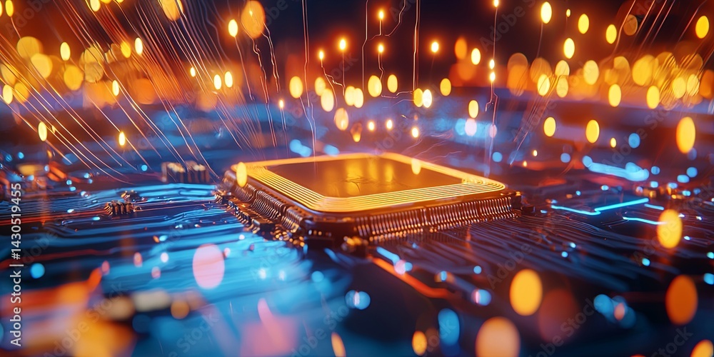 Poster Close-up View of a Microprocessor Surrounded by a Complex Circuit Board Design in Vibrant Blue Tones Showcasing Technology and Innovation