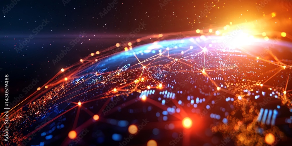 Aufkleber Futuristic Digital World with Connecting Lines and Dots Illustrating Global Networks and Technology Advances in Dark Background